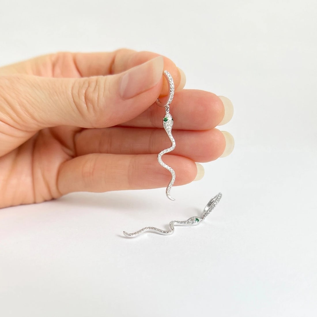 Pave Diamond Emerald Eye Snake Dangle Drop Earrings 14K White Gold .40 CTW - 2