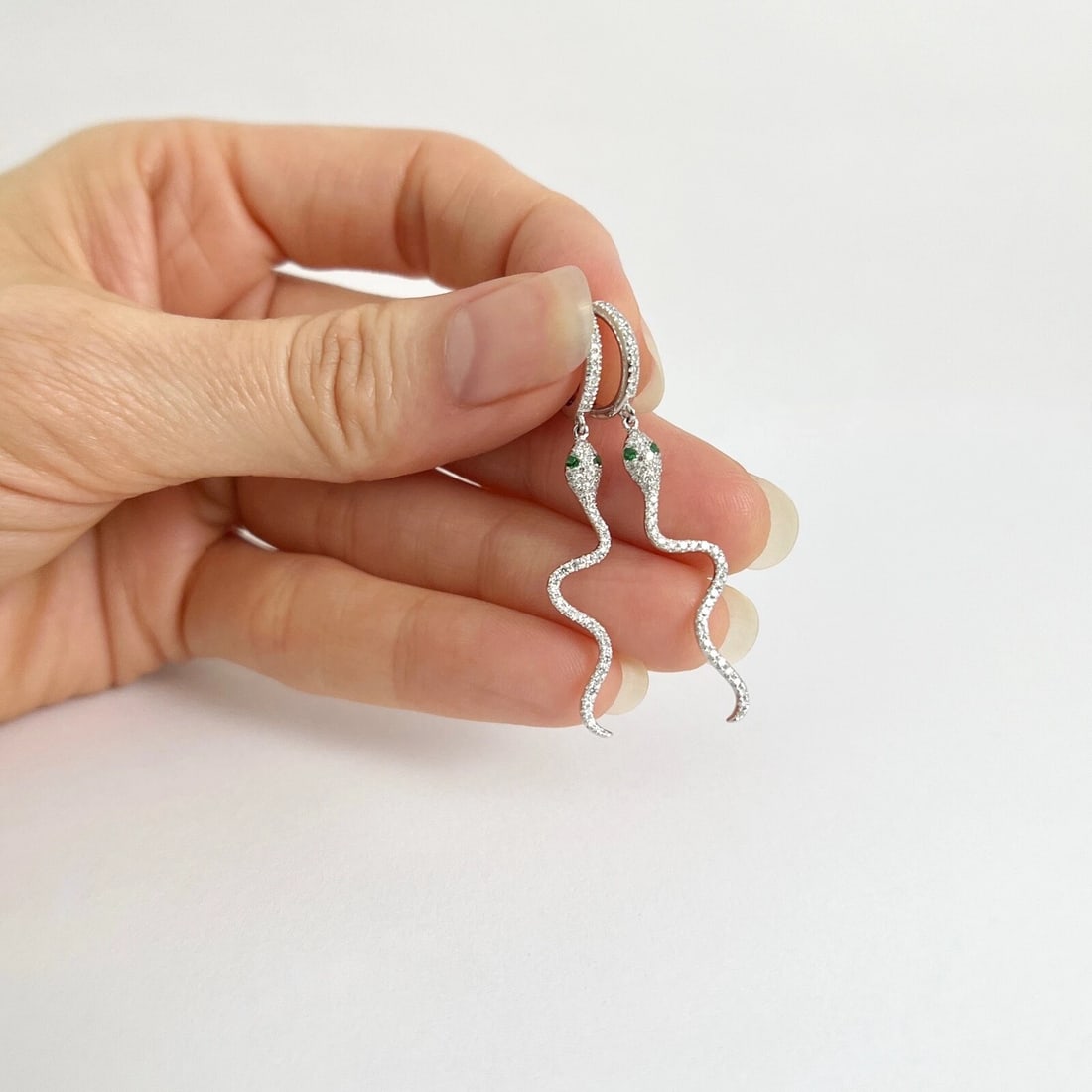 Pave Diamond Emerald Eye Snake Dangle Drop Earrings 14K White Gold .40 CTW - 3