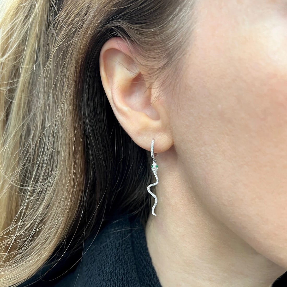 Pave Diamond Emerald Eye Snake Dangle Drop Earrings 14K White Gold .40 CTW - 5