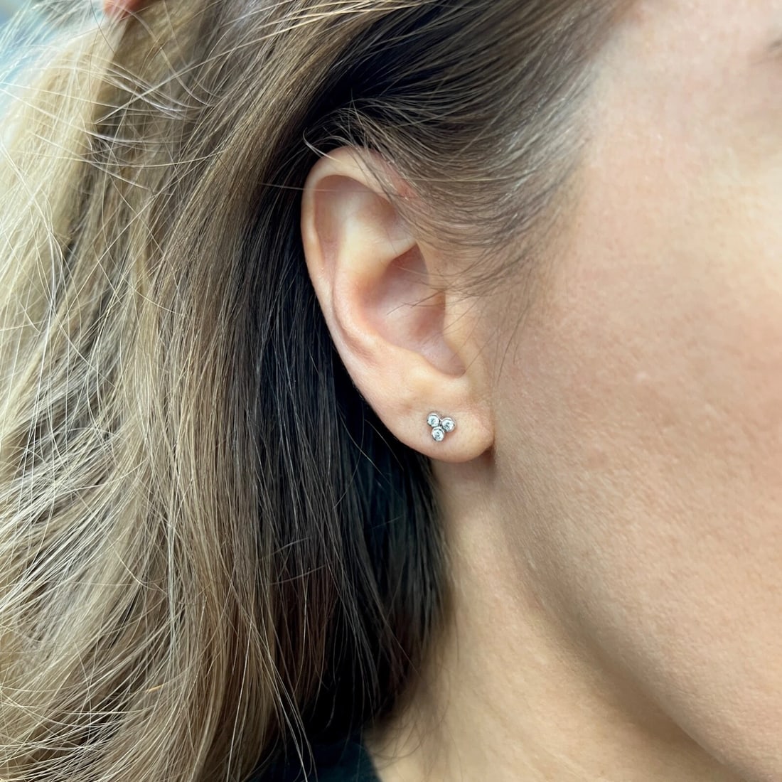 Round 3-Stone Diamond Bezel Cluster Stud Earrings 14K White Gold .20 CTW - 4