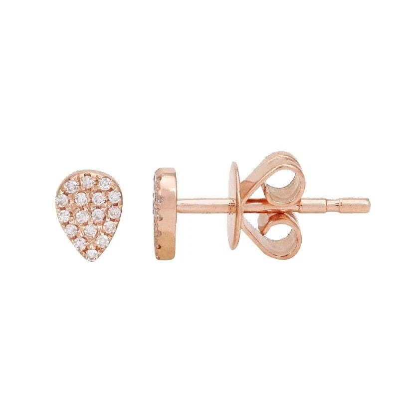 Pave Diamond Teardrop Pear Stud Earrings 14K Pink Rose Gold .15 CTW (1 of 4)
