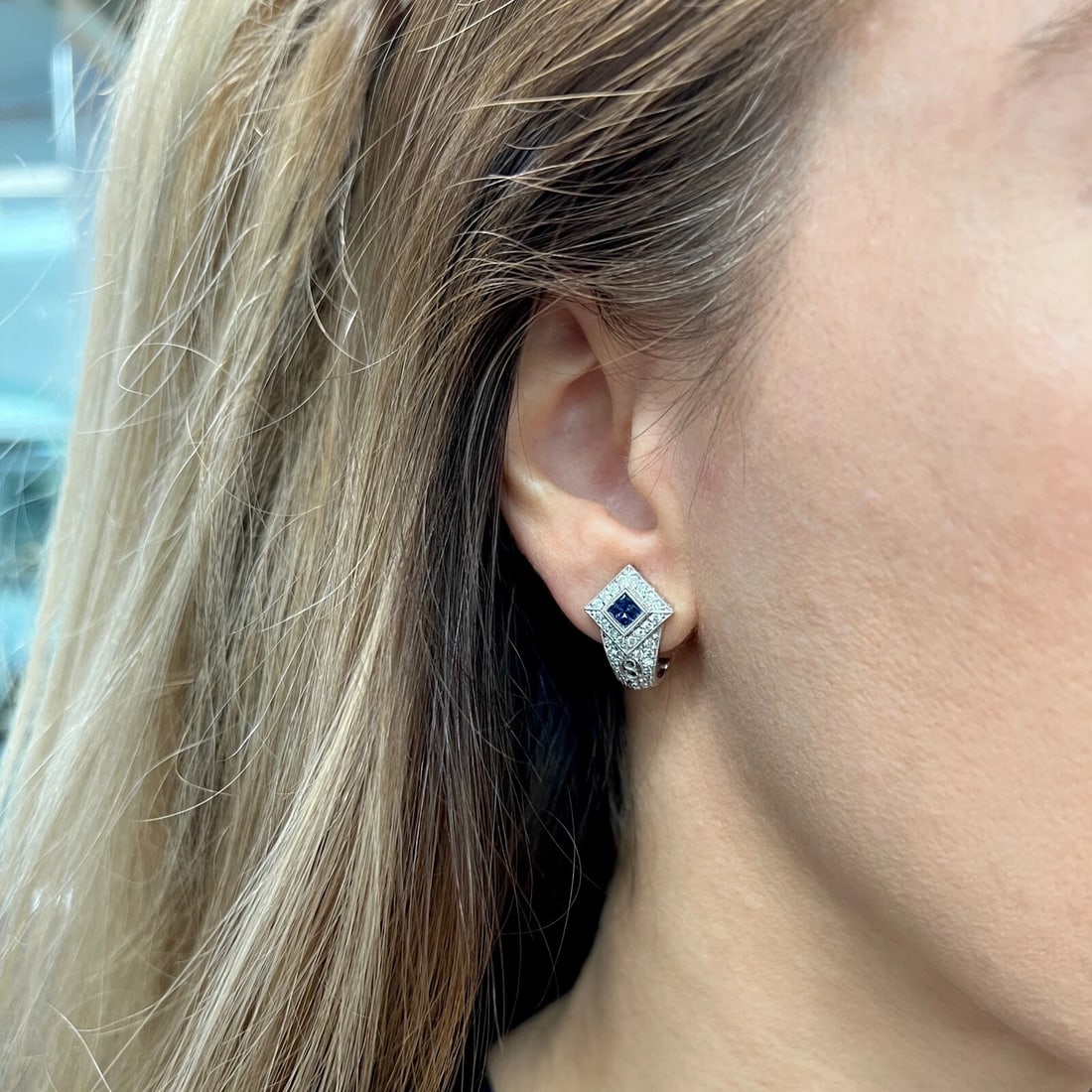 Sapphire Diamond Filigree Drop Earrings 18K White Gold, .75 CTW - 4