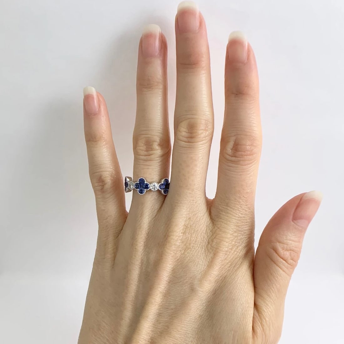 Cluster Blue Sapphire Clover Diamond Gemstone Band Ring 14K White Gold, 1.50 CTW - 3