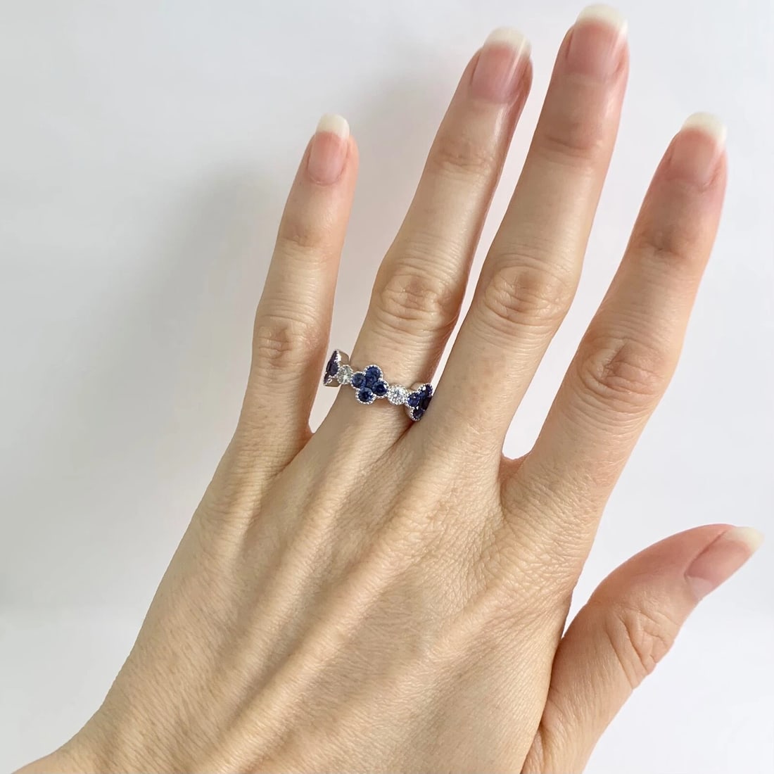 Cluster Blue Sapphire Clover Diamond Gemstone Band Ring 14K White Gold, 1.50 CTW - 4