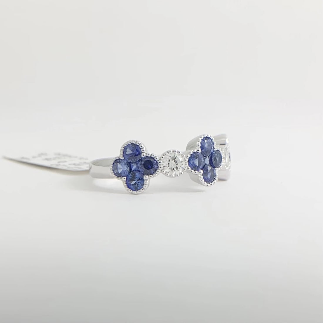 Cluster Blue Sapphire Clover Diamond Gemstone Band Ring 14K White Gold, 1.50 CTW - 7