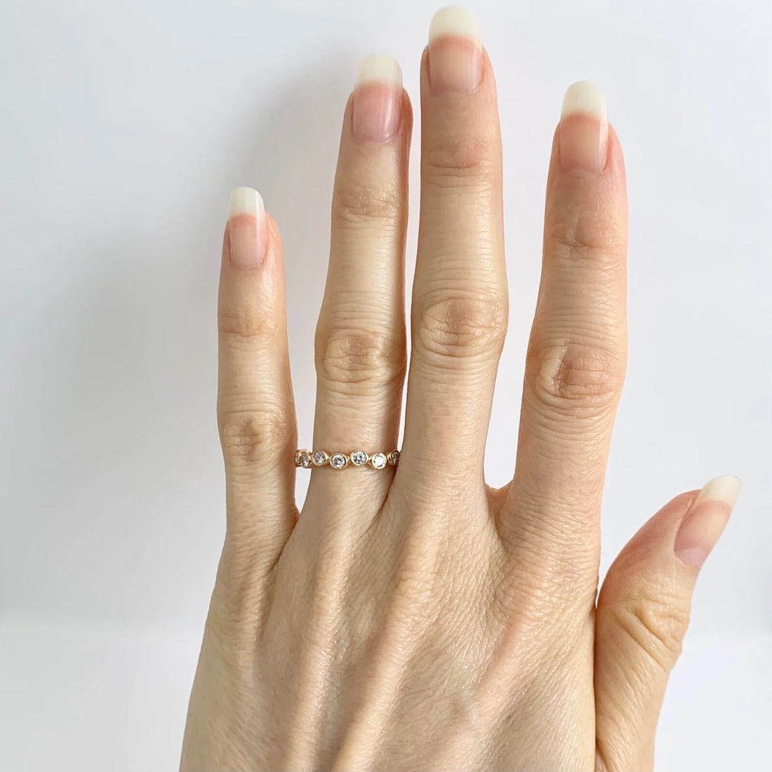 Round Bezel Diamond Eternity Ring Wedding Band 14K Pink Rose Gold, Size 6.75 - 2