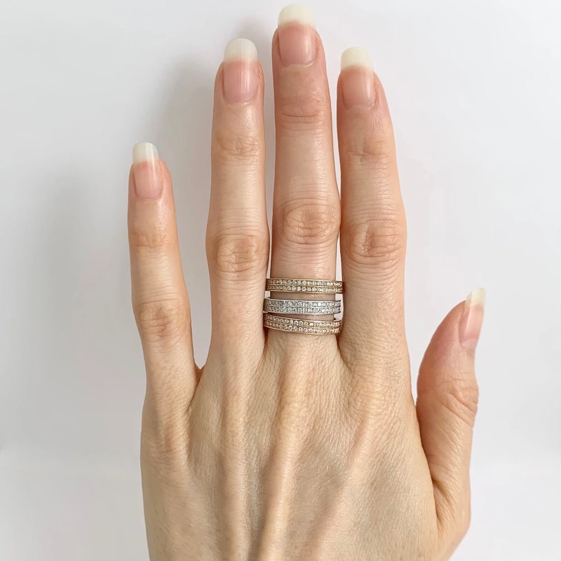 Wide Tri-Color Stacked Diamond Ring Set 14K Yellow White Pink Rose Gold, Size 7 - 2