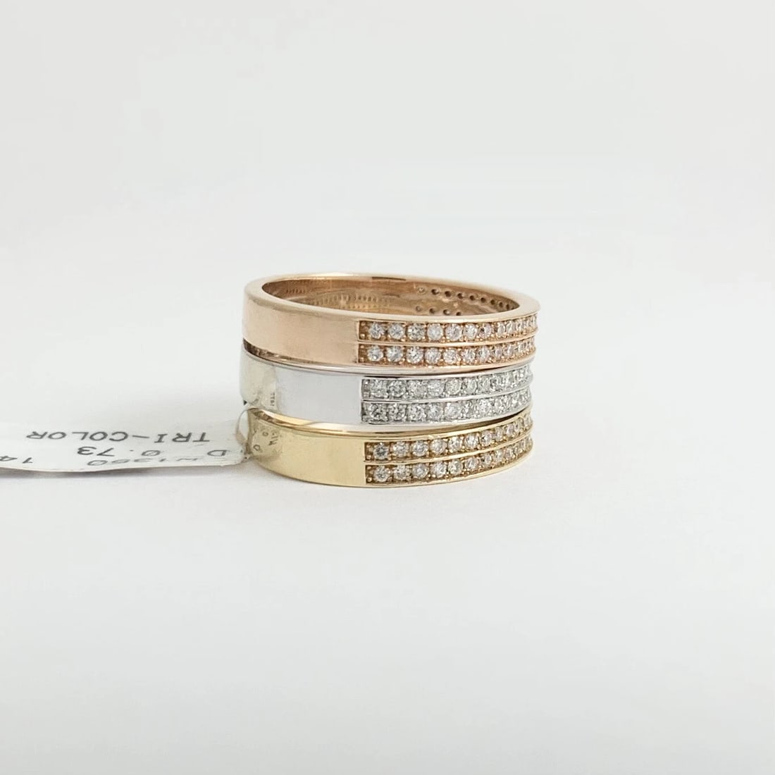 Wide Tri-Color Stacked Diamond Ring Set 14K Yellow White Pink Rose Gold, Size 7 - 7