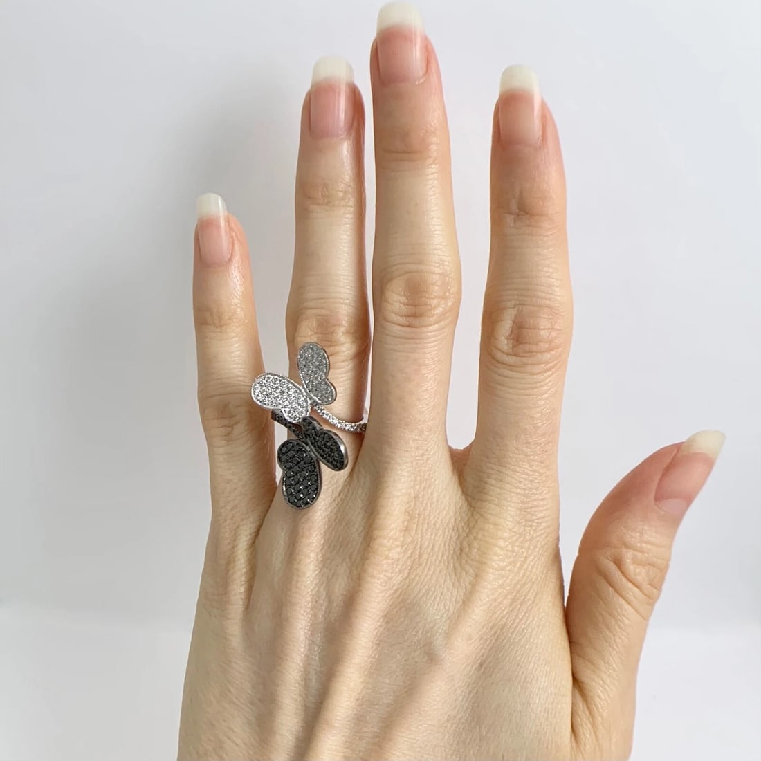 Black and White Pave Diamond Butterfly Statement Ring 18K White Gold, 1.15 CTW - 2