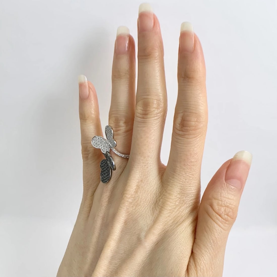 Black and White Pave Diamond Butterfly Statement Ring 18K White Gold, 1.15 CTW - 3
