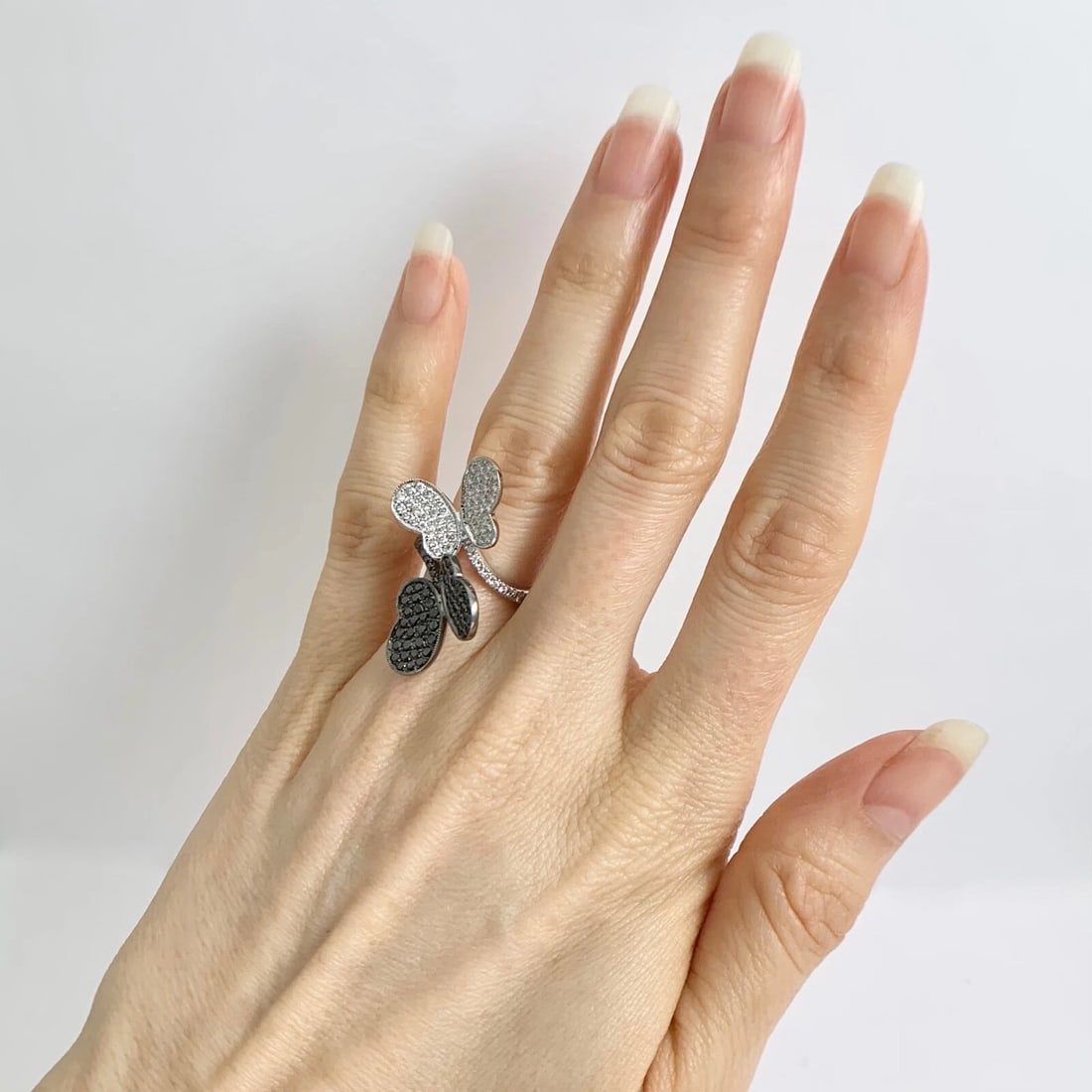 Black and White Pave Diamond Butterfly Statement Ring 18K White Gold, 1.15 CTW - 4