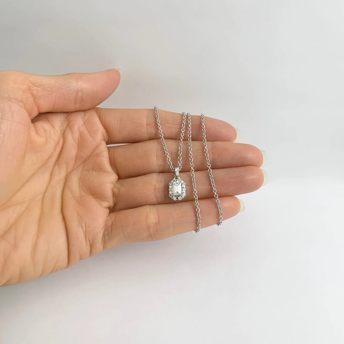 Emerald Cut Diamond Halo Pendant Necklace 14K White Gold, .72 CTW - 2