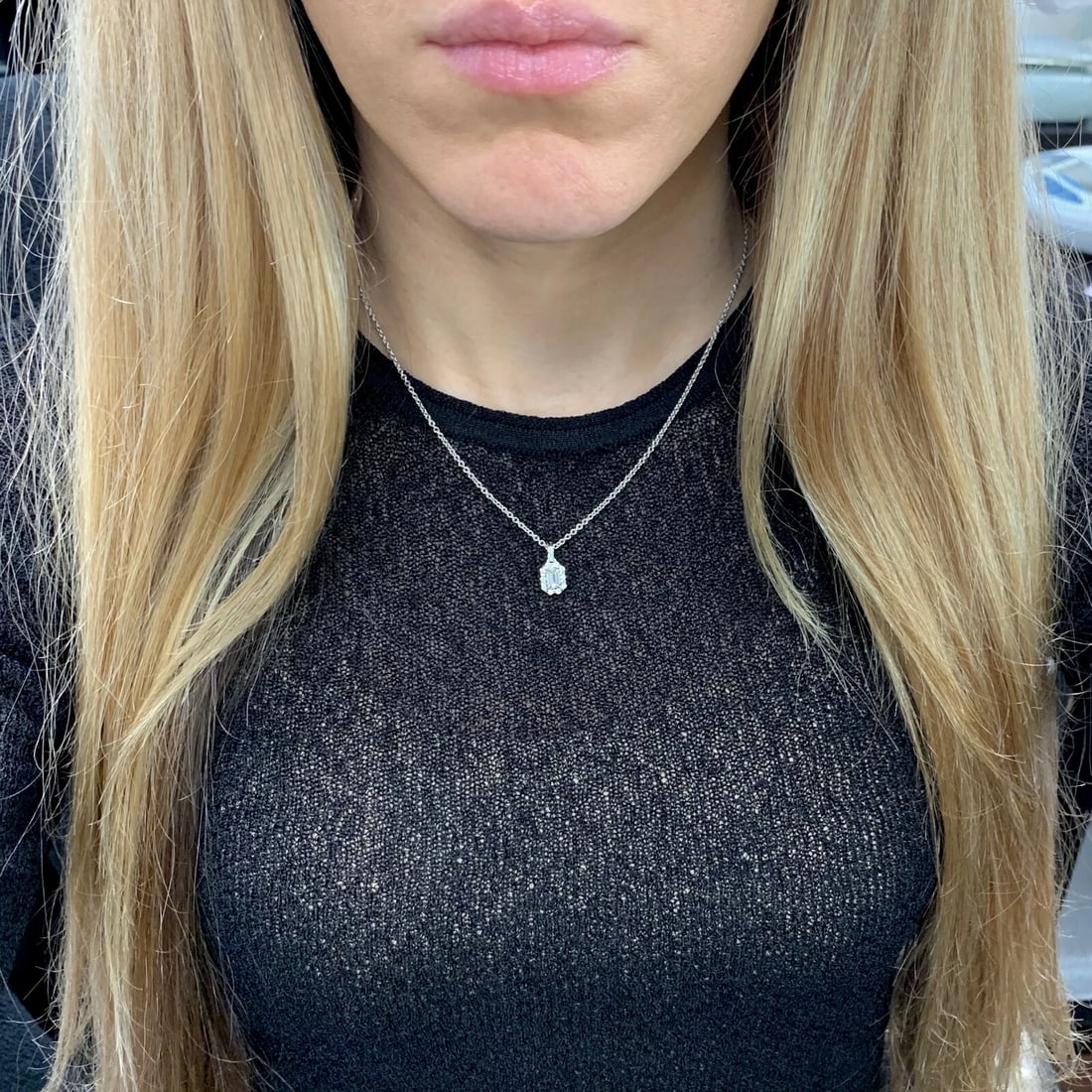 Emerald Cut Diamond Halo Pendant Necklace 14K White Gold, .72 CTW - 4