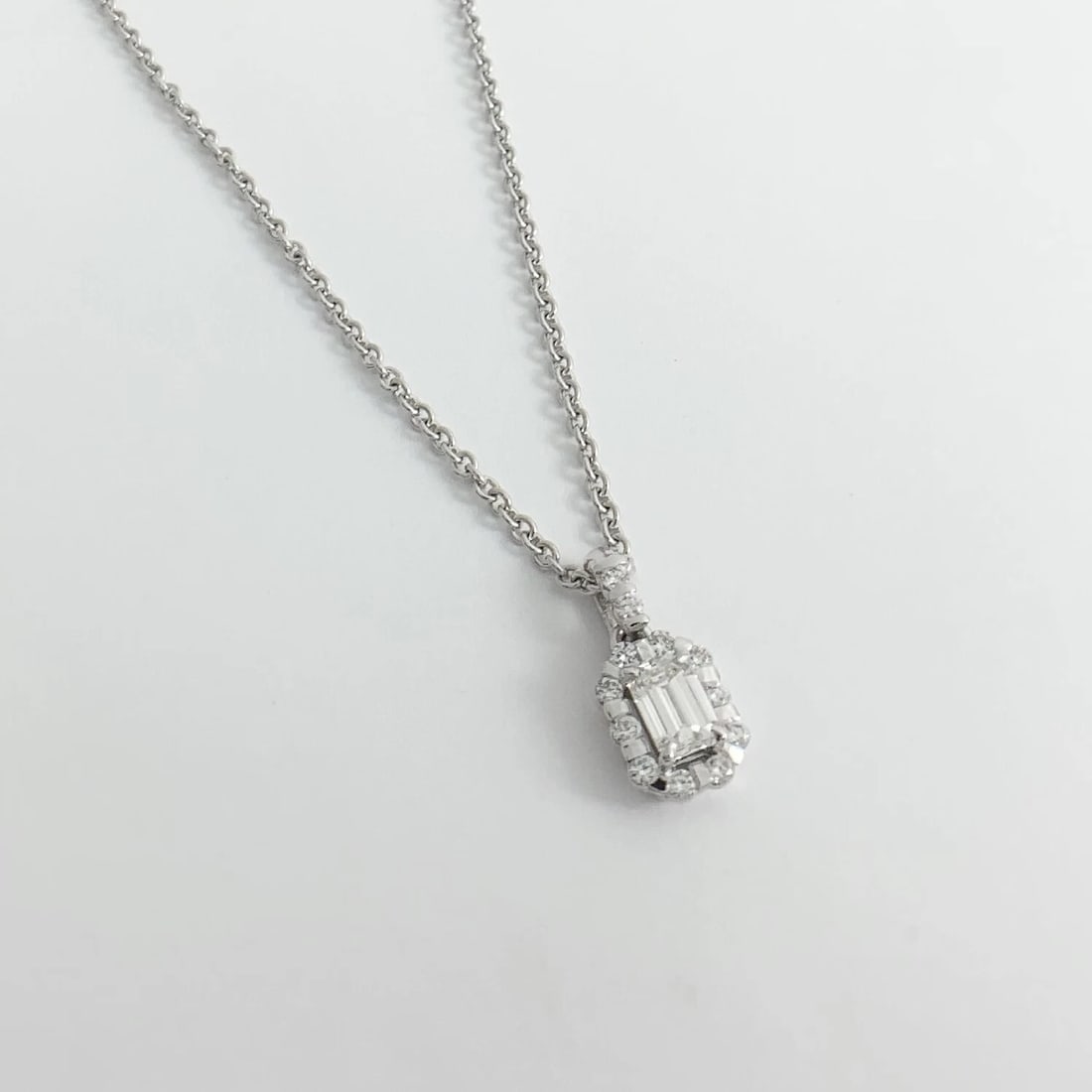 Emerald Cut Diamond Halo Pendant Necklace 14K White Gold, .72 CTW - 6