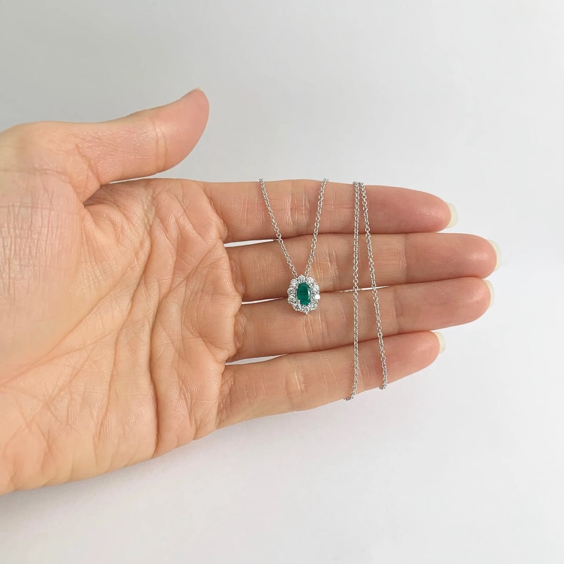 Oval Green Emerald Diamond Halo Gemstone Pendant Necklace 14K White Gold .90 CTW - 2