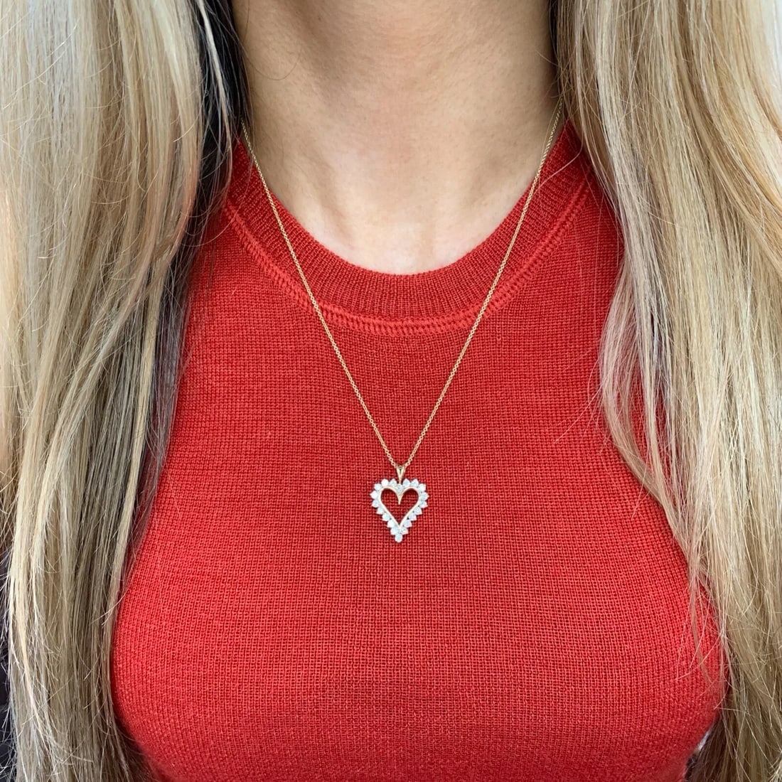 Open Heart Diamond Pendant Necklace 14K Yellow Gold, 1.10 CTW, 4.69 Grams - 5