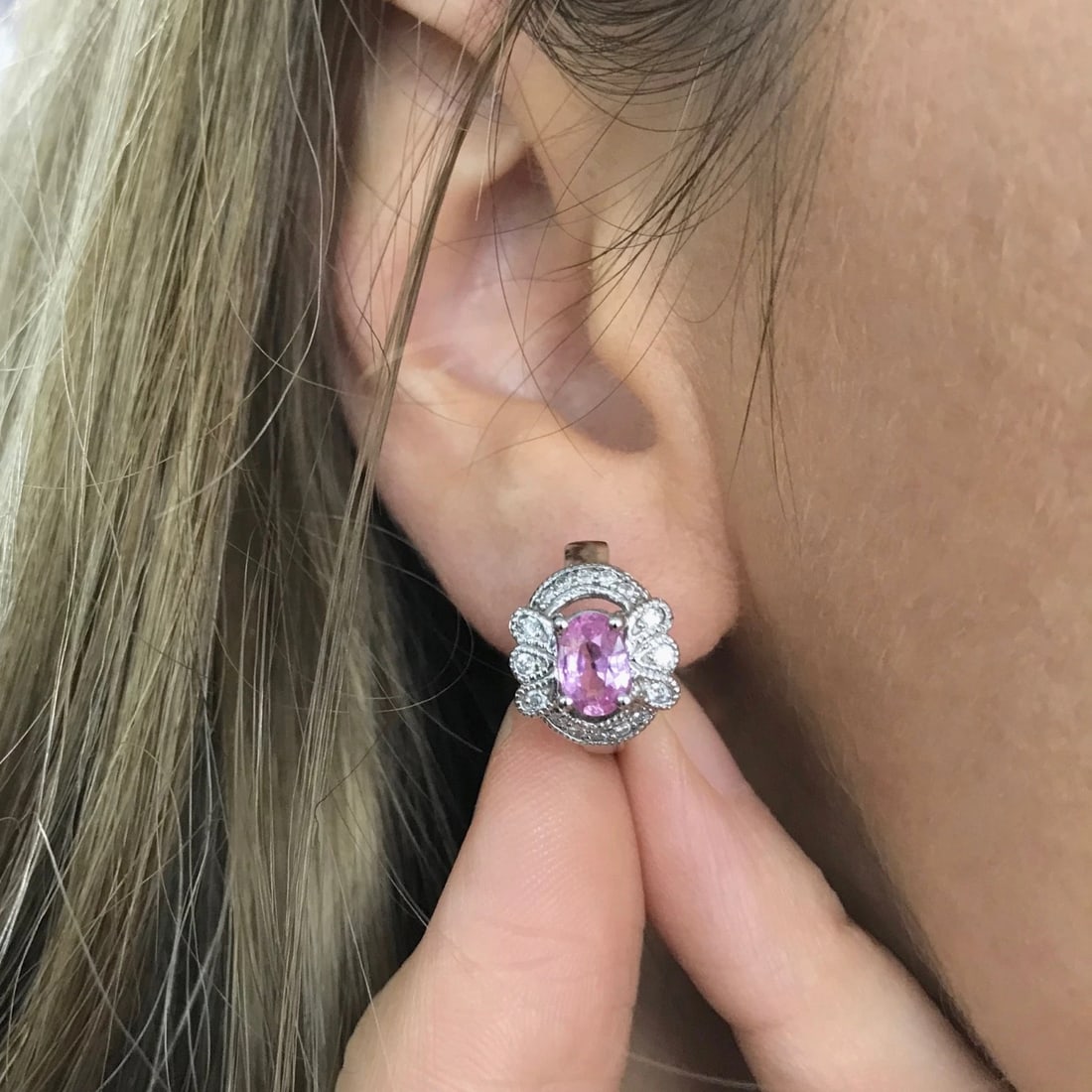 Oval Pink Sapphire Diamond Halo Gemstone Huggie Earrings 14K White Gold 1.26 CTW - 4