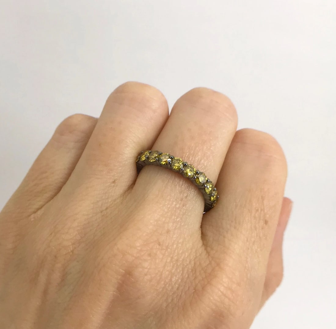 Yellow Diamond Eternity Band Ring 18K Black White Gold, 2.50 CTW, Size 6.75 - 6