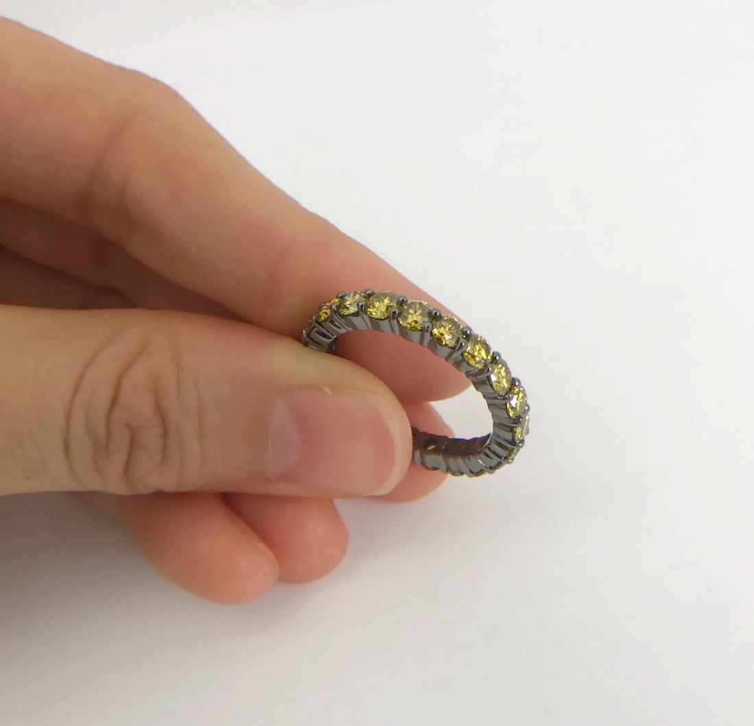 Yellow Diamond Eternity Band Ring 18K Black White Gold, 2.50 CTW, Size 6.75 - 7