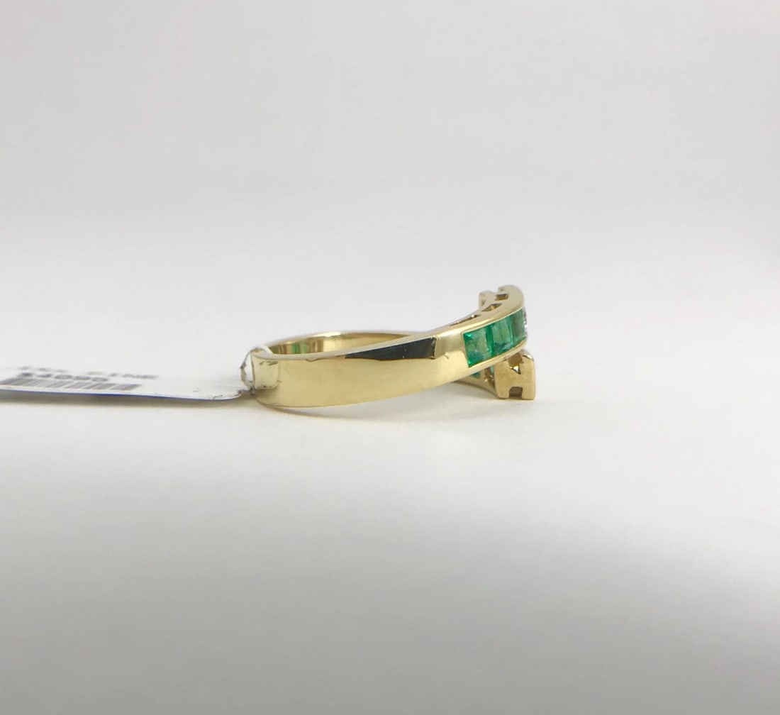 Green Emerald Diamond Channel-Set Wrap Bypass Band Ring 18K Yellow Gold, 1.18 TW - 10