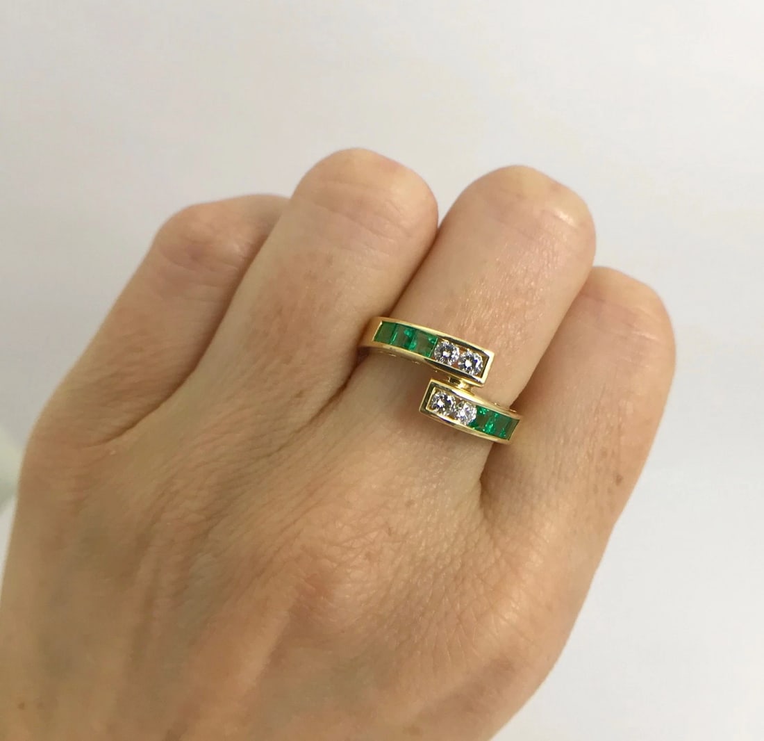 Green Emerald Diamond Channel-Set Wrap Bypass Band Ring 18K Yellow Gold, 1.18 TW - 5