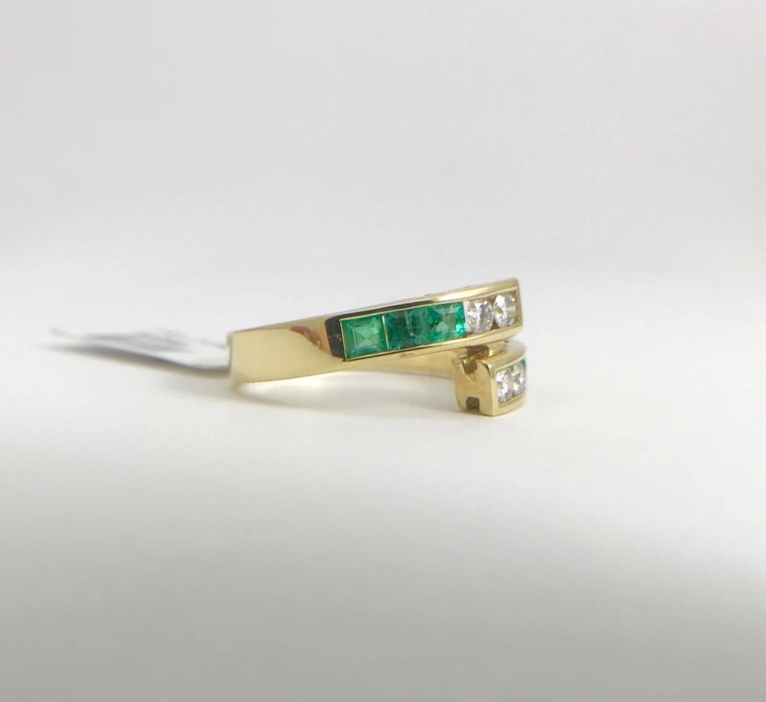 Green Emerald Diamond Channel-Set Wrap Bypass Band Ring 18K Yellow Gold, 1.18 TW - 9