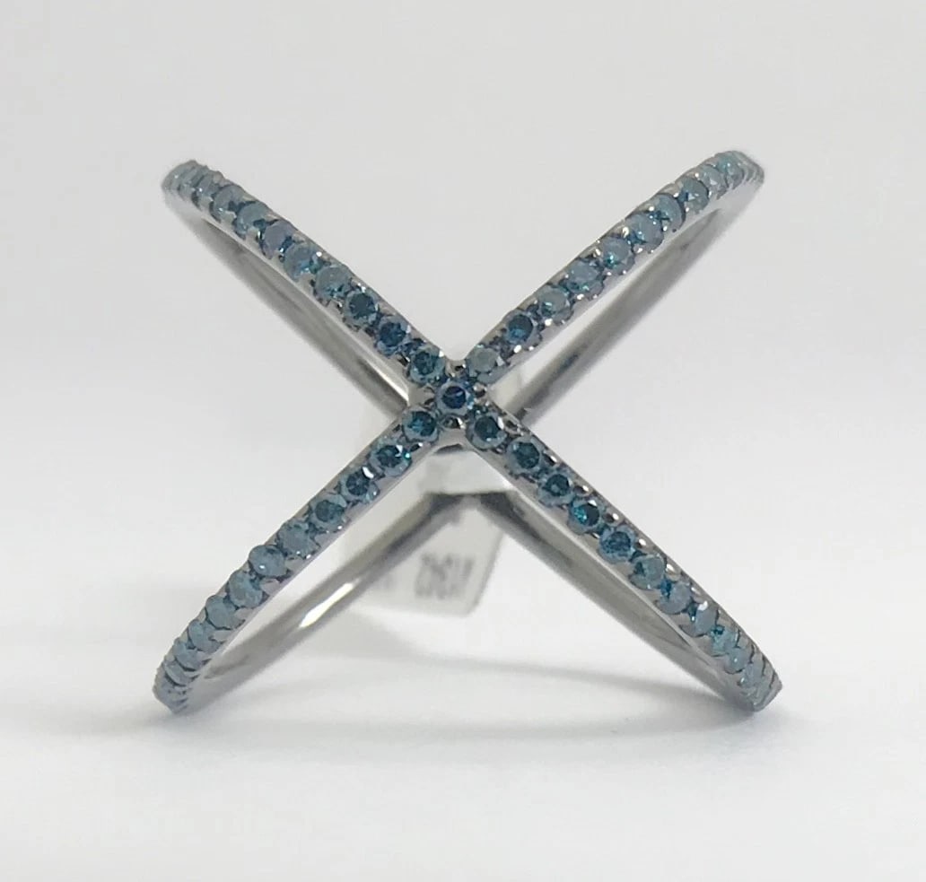 Blue Diamond X Crisscross Statement Ring in Black 14K White Gold, 3.23 Grams - 12