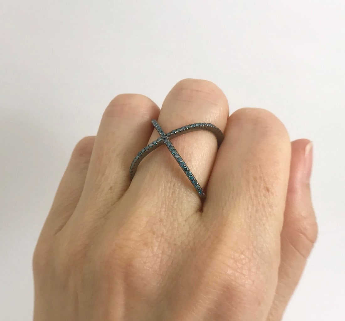 Blue Diamond X Crisscross Statement Ring in Black 14K White Gold, 3.23 Grams - 5