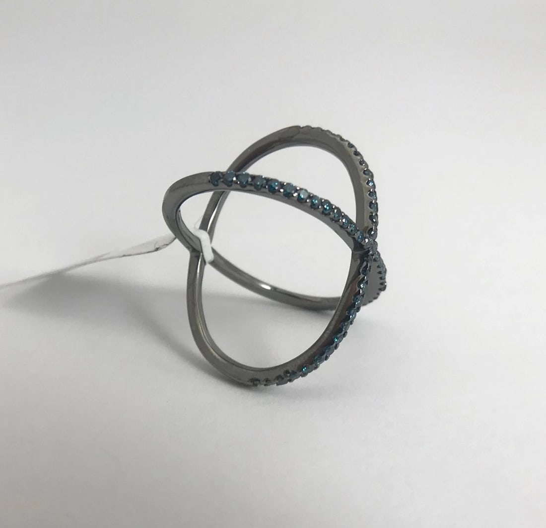 Blue Diamond X Crisscross Statement Ring in Black 14K White Gold, 3.23 Grams - 9