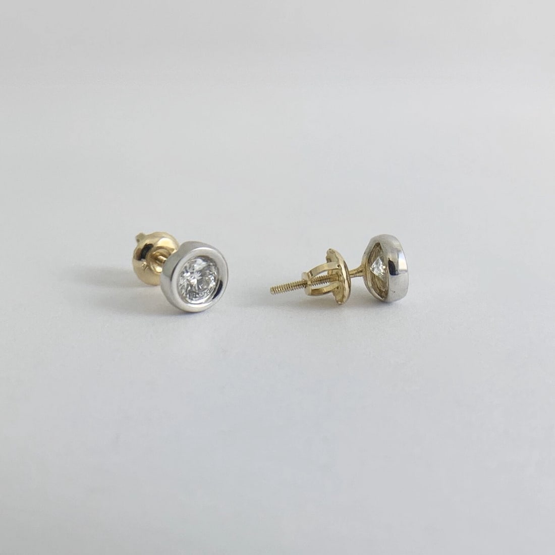 Round Diamond Bezel Stud Earrings Two-Tone 14K White Yellow Gold .52 CTW, 1.23 G - 8