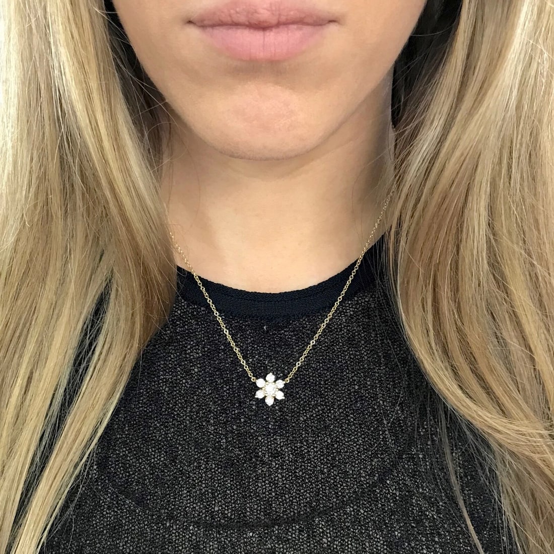 Round Diamond Flower Cluster Pendant Necklace 14K Yellow Gold, 1.40 CTW - 4