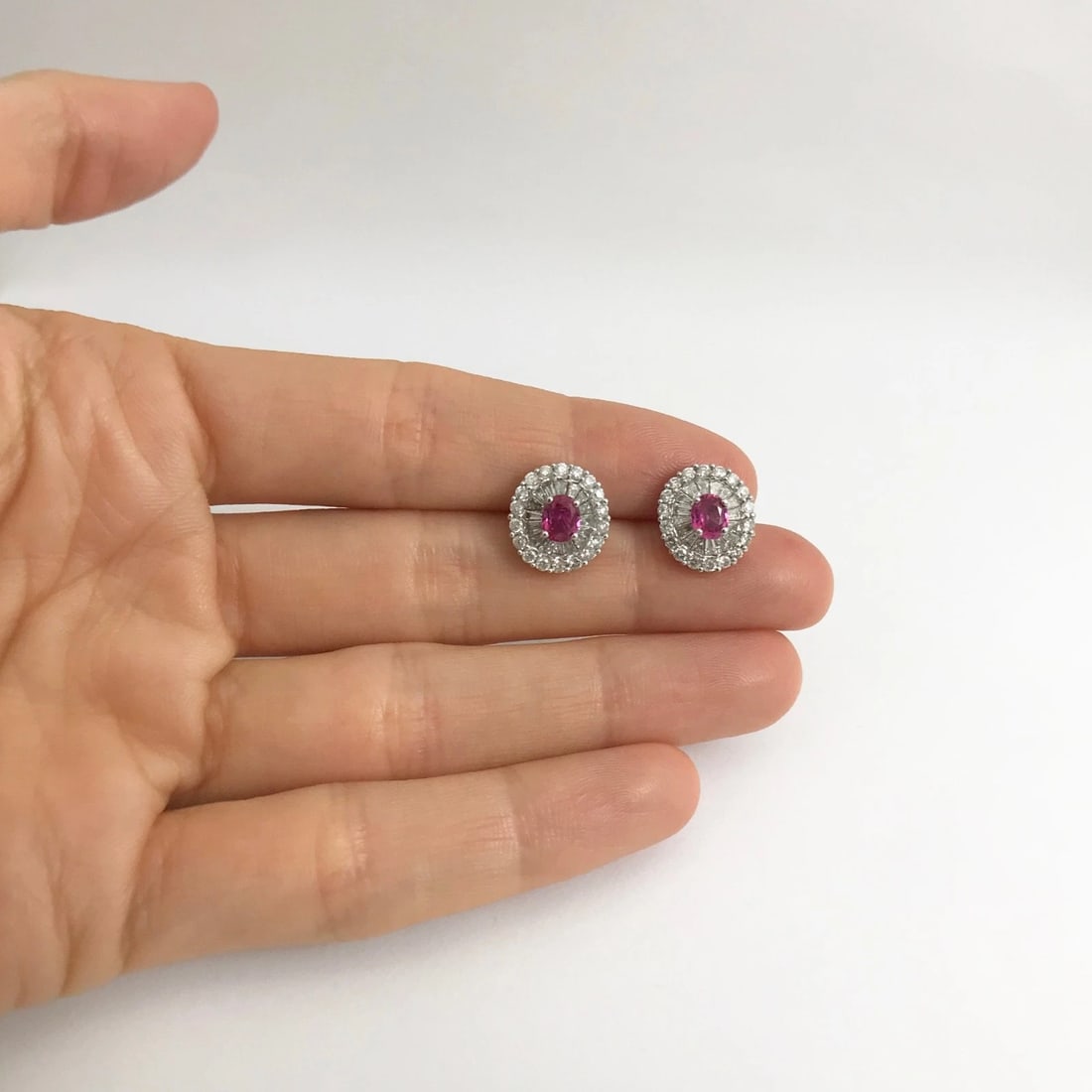 Pink Sapphire Diamond Halo Stud Earrings in 18K White Gold, 2.65 CTW, 4.01 Grams - 2