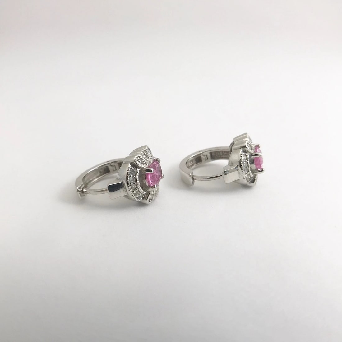 Oval Pink Sapphire Diamond Halo Gemstone Huggie Earrings 14K White Gold 1.26 CTW - 6