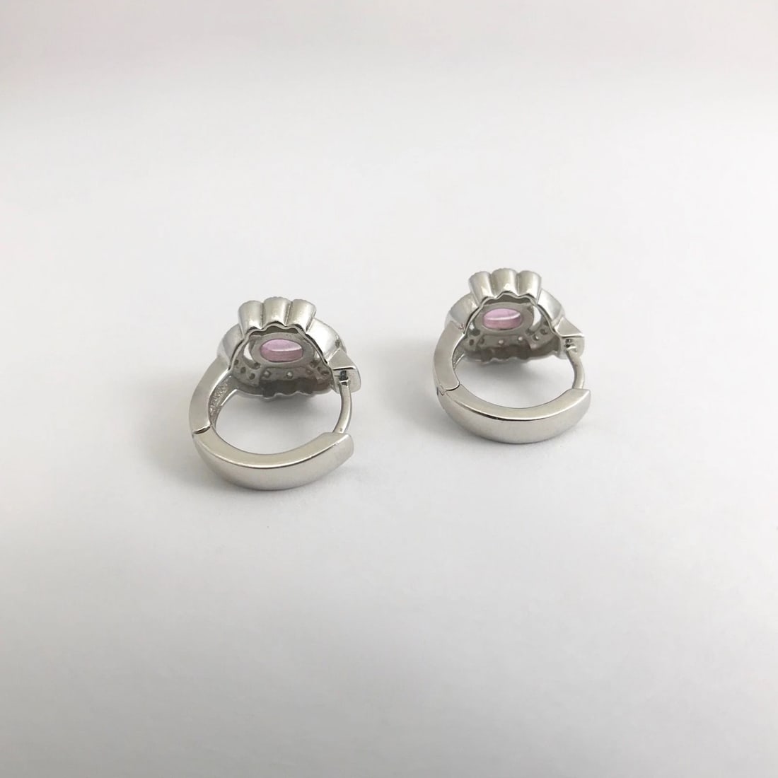 Oval Pink Sapphire Diamond Halo Gemstone Huggie Earrings 14K White Gold 1.26 CTW - 7