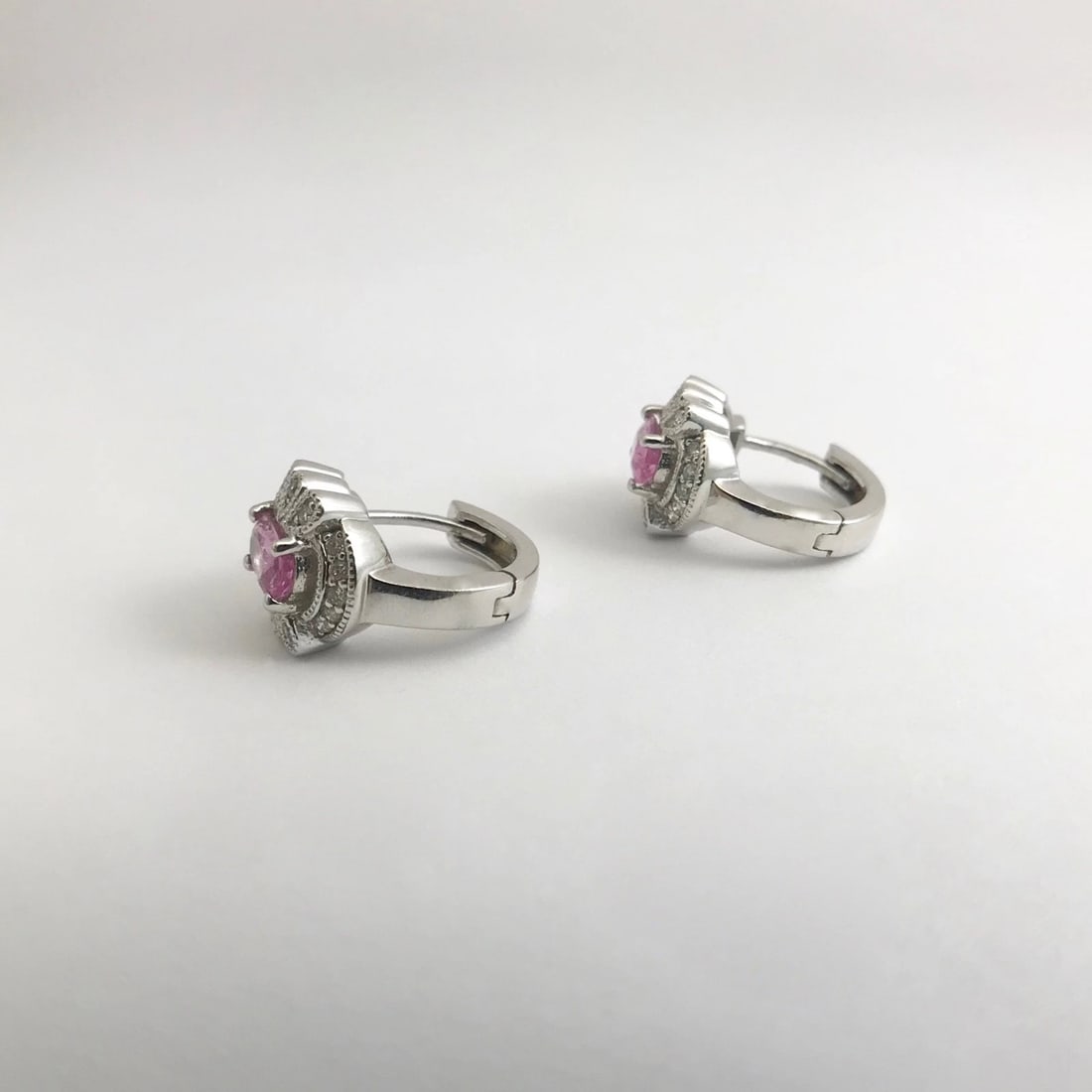 Oval Pink Sapphire Diamond Halo Gemstone Huggie Earrings 14K White Gold 1.26 CTW - 8