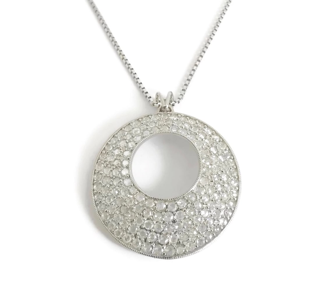 Italian Rose Cut Diamond Open Circle Pendant Necklace 18K White Gold, 3.06 CTW: Title: Italian Rose Cut Diamond Open Circle Pendant Necklace 18K White Gold, 3.06 CTW Description: Italian Rose Cut Diamond Open Circle Pendant Necklace 18K White Gold, 3.06 CTW Make a statement with