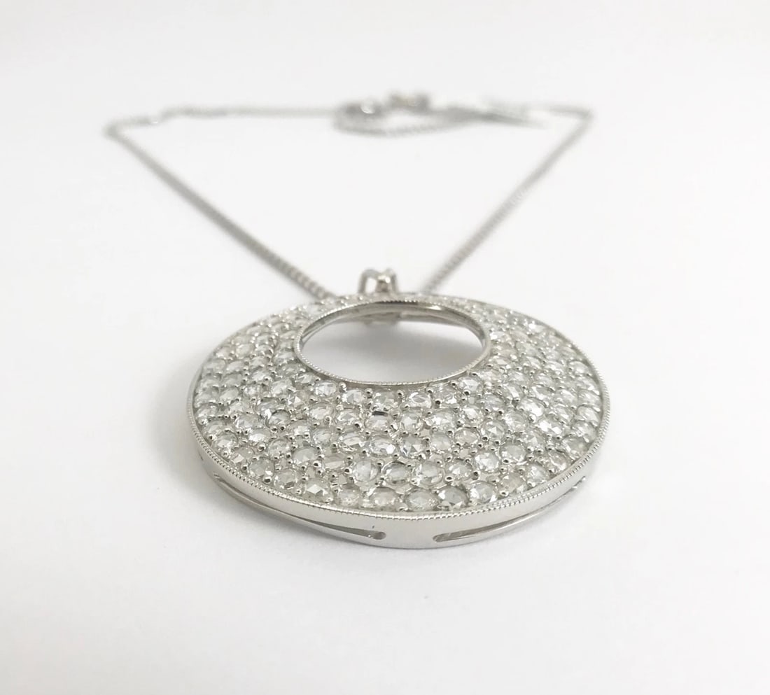 Italian Rose Cut Diamond Open Circle Pendant Necklace 18K White Gold, 3.06 CTW - 7
