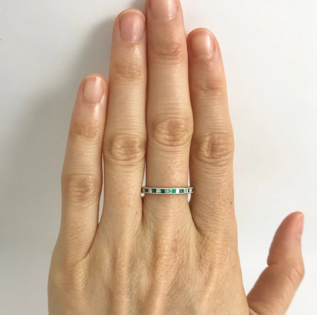 Emerald and Diamond Princess Half Eternity Band Ring in 18K White Gold, .46 CTW - 2