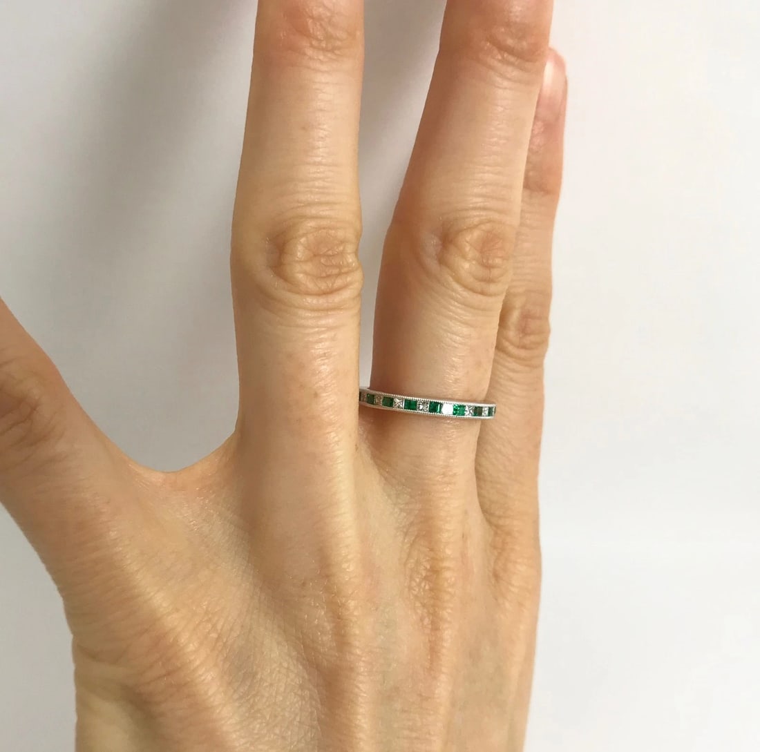 Emerald and Diamond Princess Half Eternity Band Ring in 18K White Gold, .46 CTW - 3