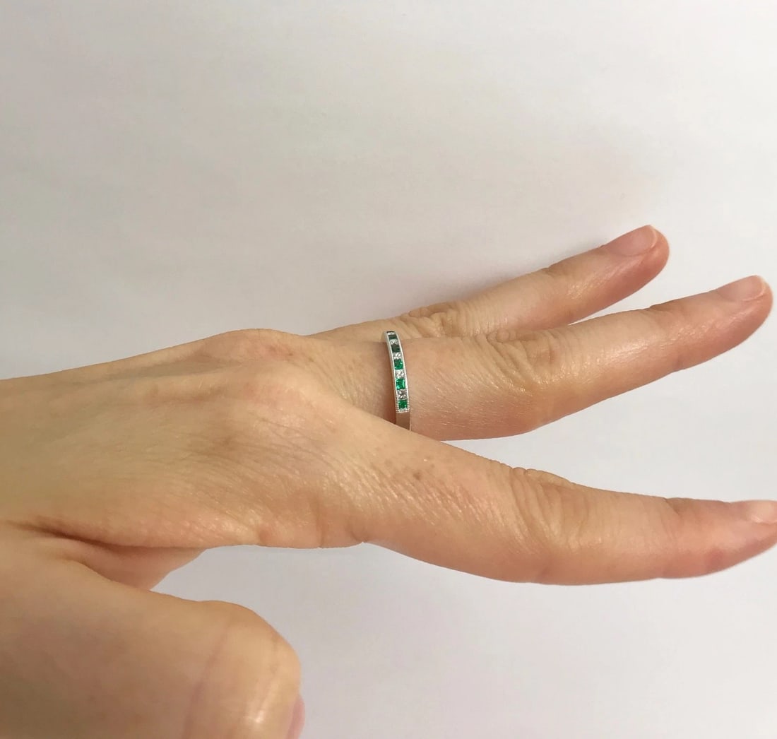 Emerald and Diamond Princess Half Eternity Band Ring in 18K White Gold, .46 CTW - 4