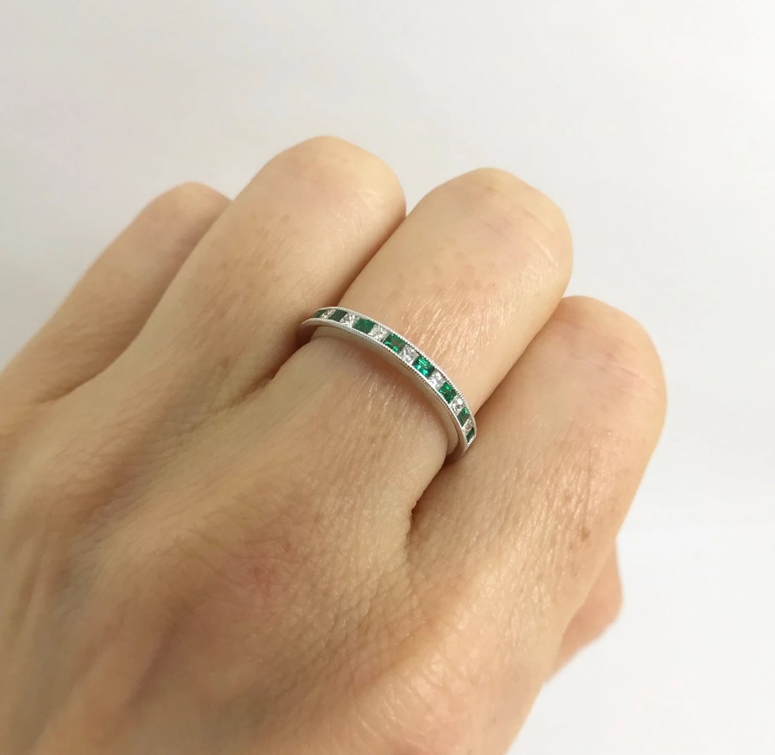 Emerald and Diamond Princess Half Eternity Band Ring in 18K White Gold, .46 CTW - 5