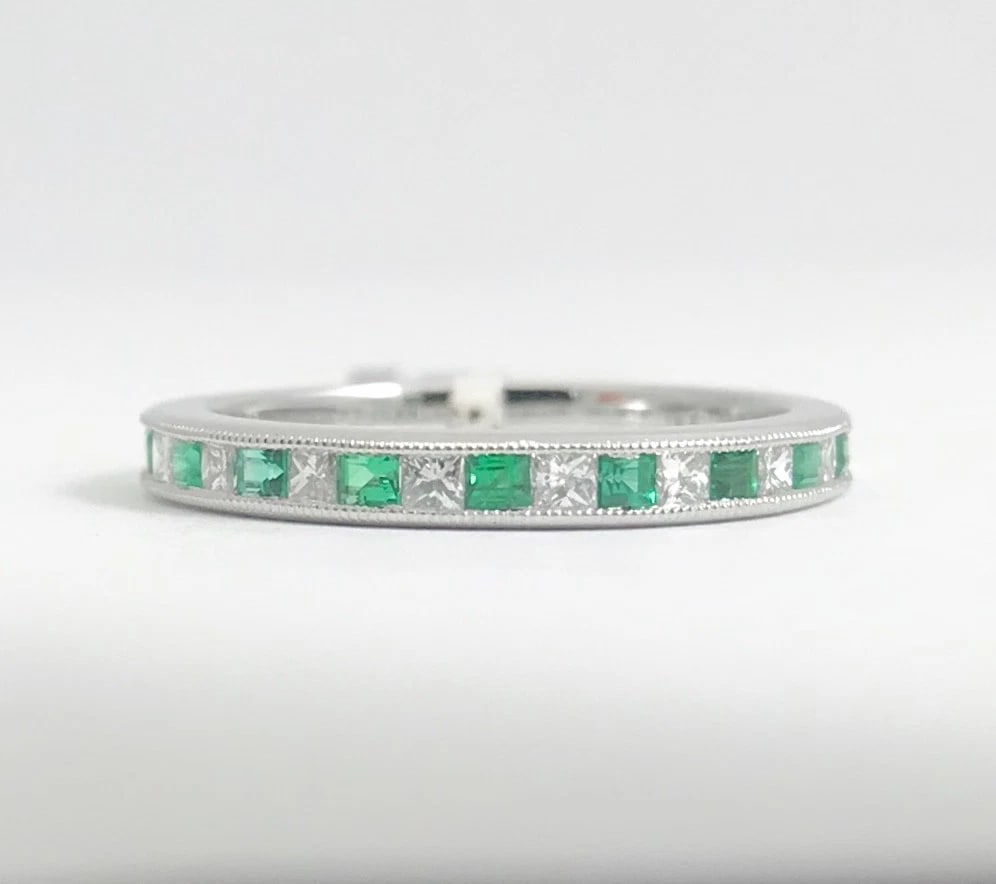 Emerald and Diamond Princess Half Eternity Band Ring in 18K White Gold, .46 CTW - 8