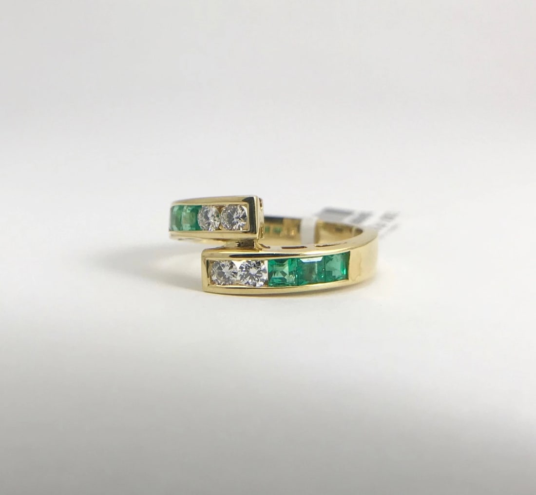 Green Emerald Diamond Channel-Set Wrap Bypass Band Ring 18K Yellow Gold, 1.18 TW - 11