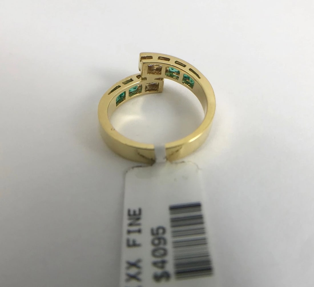 Green Emerald Diamond Channel-Set Wrap Bypass Band Ring 18K Yellow Gold, 1.18 TW - 12