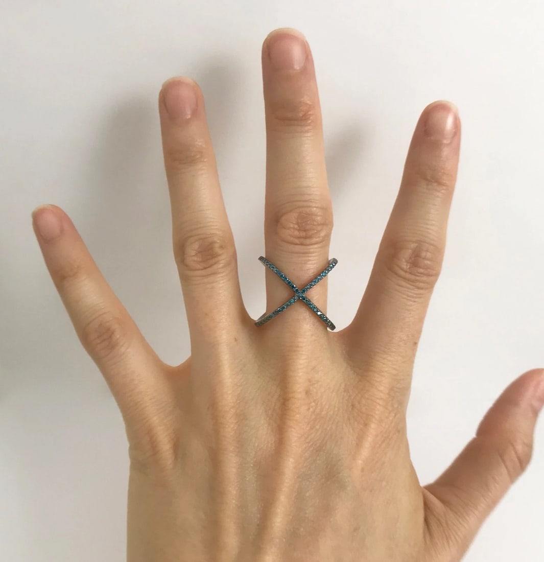 Blue Diamond X Crisscross Statement Ring in Black 14K White Gold, 3.23 Grams - 3