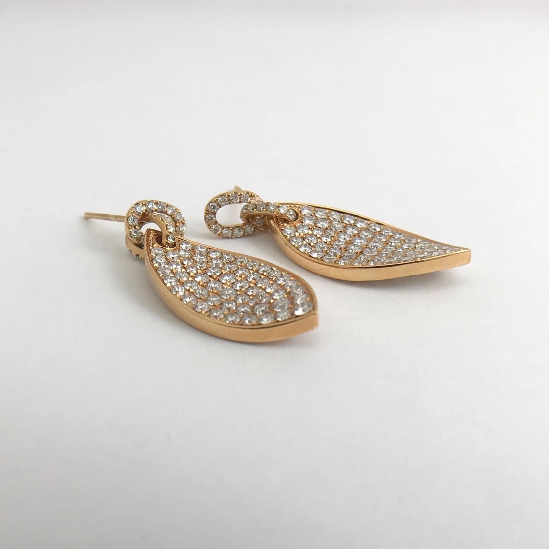 Pave Diamond Leaf Hanging Dangle Drop Earrings 18K Pink Rose Gold, 2.26 CTW - 10