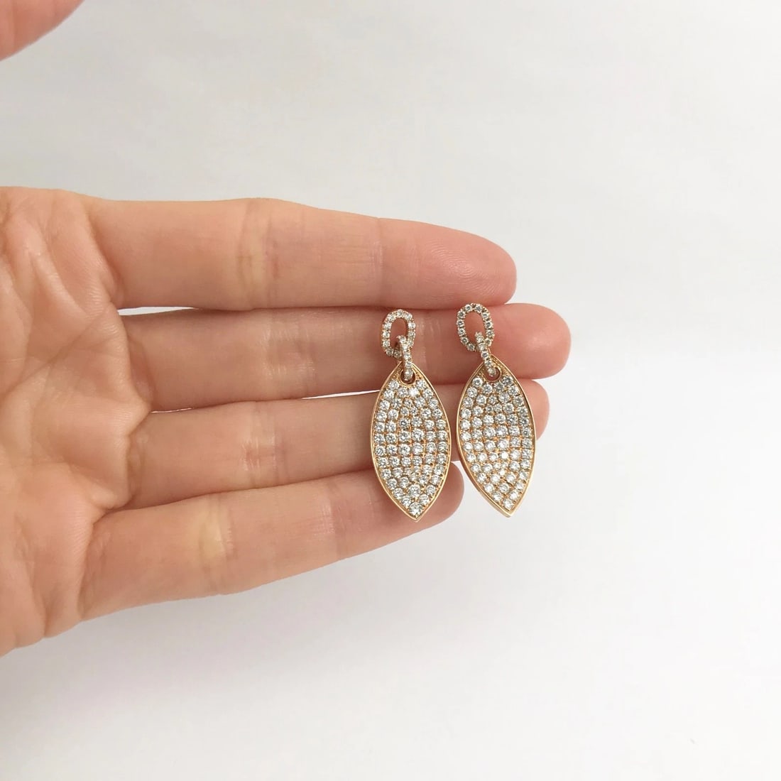 Pave Diamond Leaf Hanging Dangle Drop Earrings 18K Pink Rose Gold, 2.26 CTW - 2