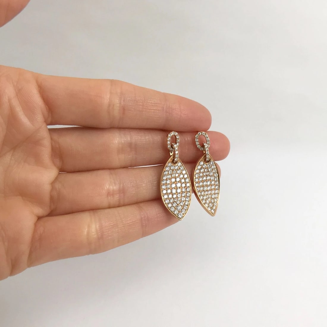 Pave Diamond Leaf Hanging Dangle Drop Earrings 18K Pink Rose Gold, 2.26 CTW - 4