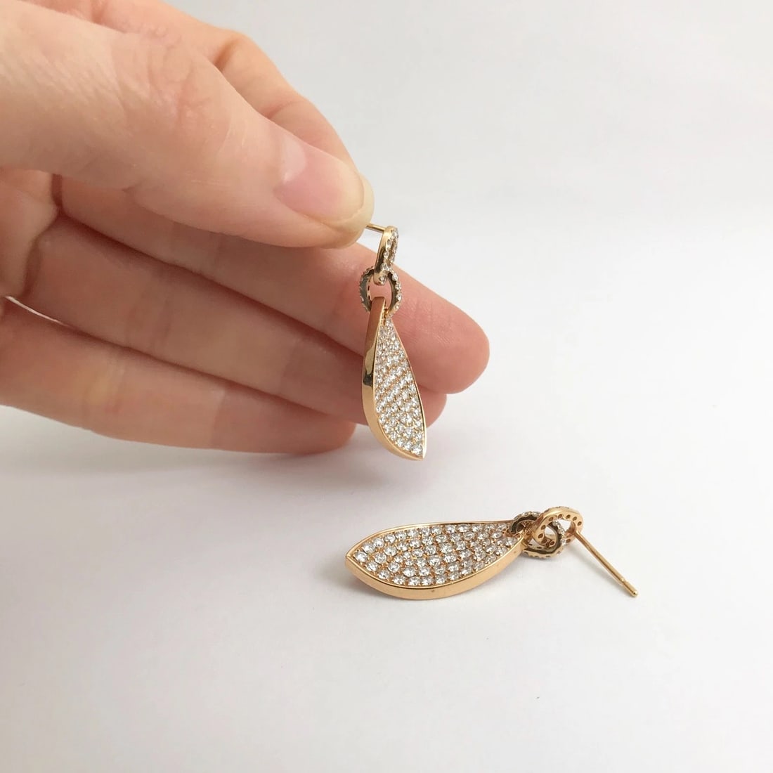 Pave Diamond Leaf Hanging Dangle Drop Earrings 18K Pink Rose Gold, 2.26 CTW - 7