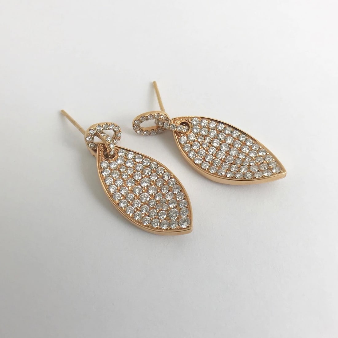 Pave Diamond Leaf Hanging Dangle Drop Earrings 18K Pink Rose Gold, 2.26 CTW - 9